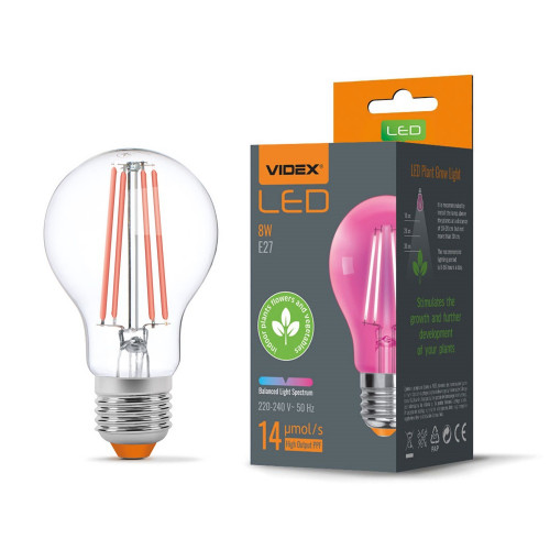Növénynevelő LED lámpa , égő , E27 , izzószálas hatású , filament , 8 Watt , VIDEX FITO