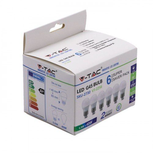 LED lámpa , égő , kis gömb , E27 foglalat , 5.5 Watt , természetes fehér , 6 darabos csomag