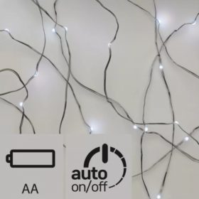  Led fényfüzér , beltéri , nano LED , 1.9 m , hideg fehér , ezüstszálas , időzíthető , elemes