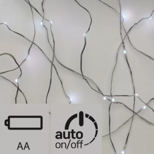 Led fényfüzér , beltéri , nano LED , 1.9 m , hideg fehér , ezüstszálas , időzíthető , elemes
