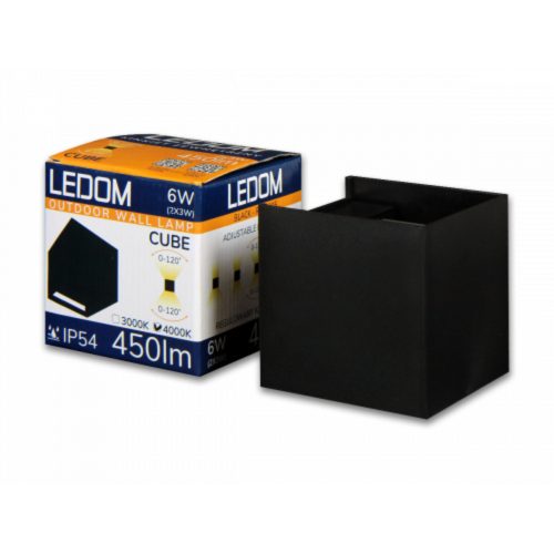 LED lámpatest , oldalfali , szögletes , 2 irányú , 6W , természetes fehér , állítható sugárzási szög , kültéri , fekete , IP54 , LEDOM