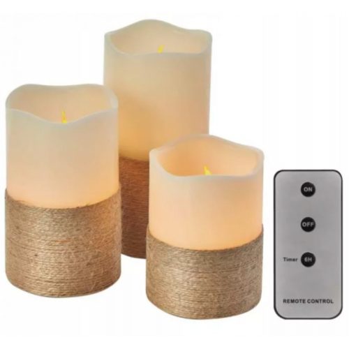 Led dekoráció , beltéri , 3 db viasz gyertya zsinórral , vintage , időzíthető , elemes , távirányítóval