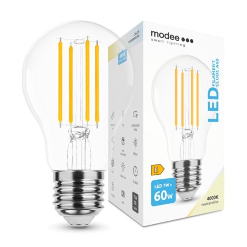 LED lámpa , égő , izzószálas hatás , filament  , E27 foglalat , A60  , 7 Watt , természetes fehér , Modee