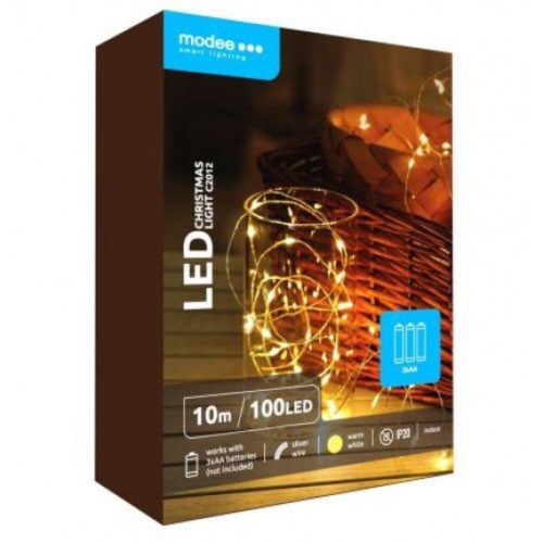 Led fényfüzér , beltéri , 10 m , meleg fehér , rézszálas , időzíthető , elemes , Modee