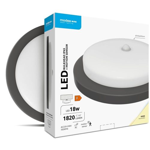 Modee LED Hajólámpa Kerek 18W 4000K (D195x45mm) IP65+PIR (1820 lumen) fekete