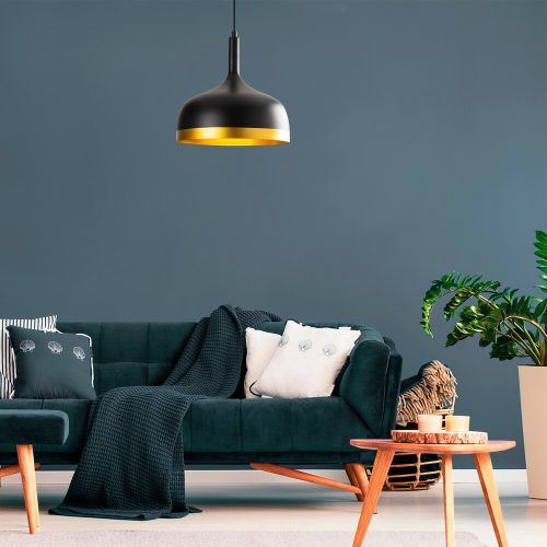 Elegáns fekete-arany csillár, 30 cm átmérő, 128 cm magasság | Fém ház, E27 aljzat, IP20 | Modern skandináv dizájn, tökéletes nappaliba, étkezőbe és elegáns lakberendezésbe