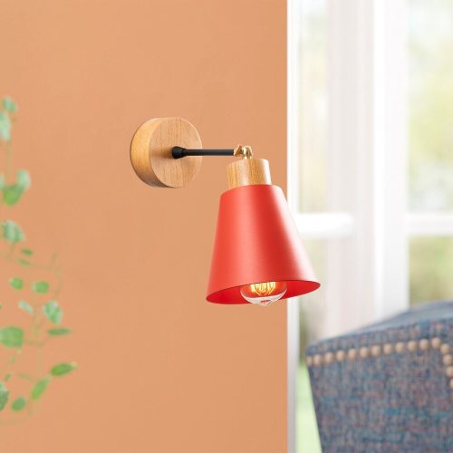 Modern piros fali lámpa fém házzal és fa talppal, 14 cm átmérő, 25 cm magasság | E27 aljzat, max 40W | Stílusos és funkcionális világítás otthoni dekorációhoz, IP20 besorolású, minden helyiségbe tökéletes