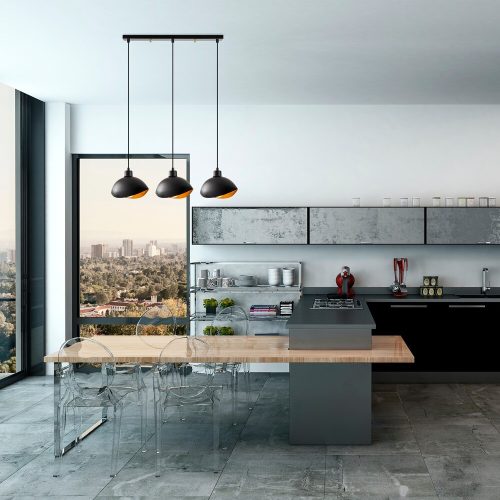 Modern fekete csillár, fém test, 75 x 15 cm, magasság 112 cm | 3 x E27 aljzat (max. 40 W) | Stílusos ipari és skandináv design | Tökéletes otthoni és irodai dekorációhoz | Izzó nem tartozék