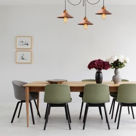   Stílusos Réz csillár, Fém Test fa talppal, 114 x 24 cm, Magasság: 100 cm, Állítható, 3 x E27 Max 40W, IP20 | Modern ipari skandináv design otthoni és irodai világításhoz