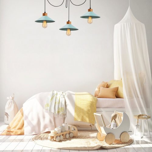 Modern türkiz csillár fém testtel és fa alappal, 114 x 24 cm | Állítható magasságú, 3 x E27 aljzat, IP20 | Stílusos világítás otthoni és irodai használatra, elegáns, egyszínű design