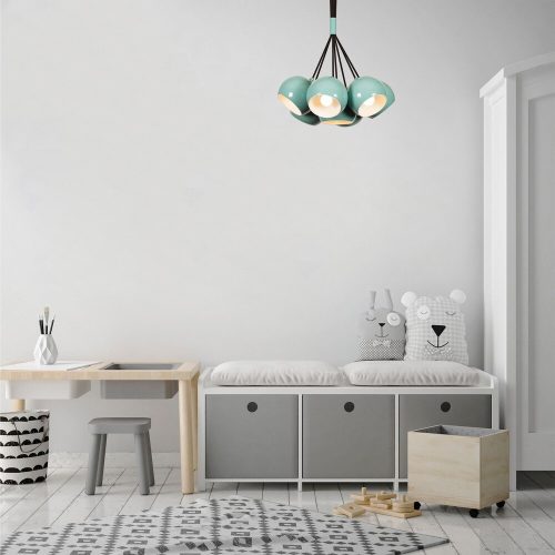 Modern türkiz és fehér csillár, 45 cm átmérő, állítható magasság 108 cm | Fém ház, 7 x E27 Max 40W | Stílusos skandináv dizájn otthonra és irodára, IP20 besorolású, elegáns világítási megoldás