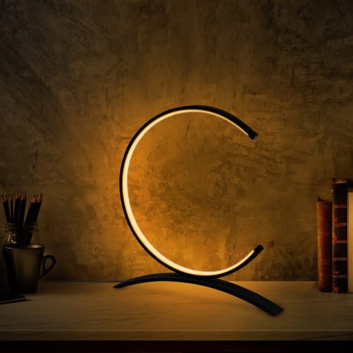 Stílusos fekete asztali lámpa fém házzal, 35 cm szélesség, 34 cm magasság | 12W-os LED-aljzat, 3000K meleg fény | 200 cm-es kábel, be-/kikapcsoló | Tökéletes modern lakberendezéshez és irodai helyiségekhez