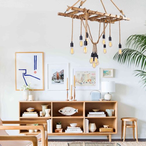 Elegáns rusztikus csillár, Gyertyán test, 120 x 42 cm, Magasság 137 cm, 12 x E27 Max 40W, 40 cm Kábel, IP20 | Modern, egyszínű dizájn a stílusos lakberendezéshez és hangulathoz