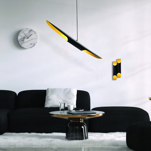 Elegáns fekete csillár, fém test, 100 x 8 cm, magasság: 104 cm | Állítható magasságú, 2 x E14 Max 40W | Glam skandináv design, tökéletes modern nappalikba és étkezőkbe, IP20 besorolású