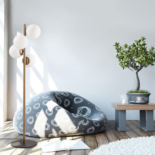 Skandináv állólámpa, arany fém ház, 130 cm magas, 32 x 32 cm talp, 4 x E27 aljzat (max. 40 W), elegáns üvegkupak, 200 cm kábelhossz, stílusos világítás modern lakberendezéshez és lakóterekhez