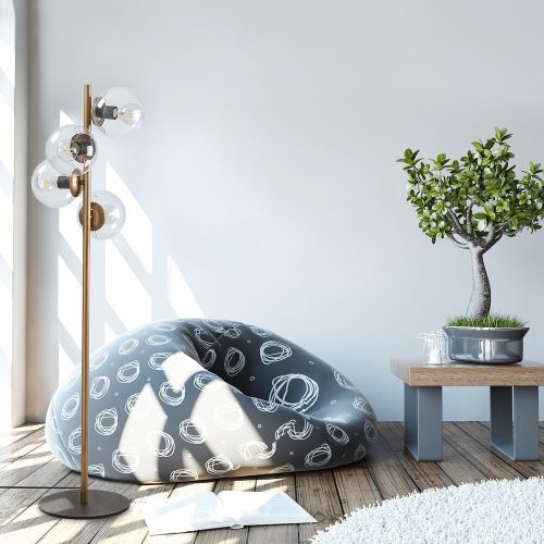 Skandináv állólámpa, arany fém ház, 130 cm magas, 32 x 32 cm talp, 4 x E27 aljzat (max. 40 W), elegáns üvegkupak, 200 cm kábelhossz, stílusos világítás modern lakberendezéshez és lakóterekhez