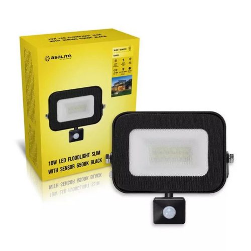 LED reflektor , 10W , 900 lm , slim, mozgásérzékelős , fekete , természetes fehér , IP65 , Asalite