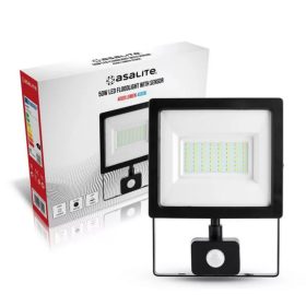   LED reflektor , 50W , 4500 lm , slim , mozgásérzékelő , fekete , természetes fehér , IP65 , Asalite