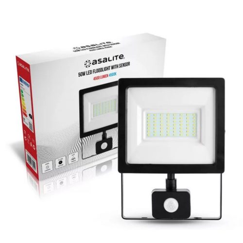 LED reflektor , 50W , 4500 lm , slim , mozgásérzékelő , fekete , természetes fehér , IP65 , Asalite