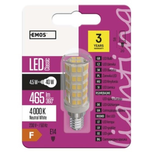LED izzó páraelszívóba Classic JC, E14, 4,5 W (40 W), 465 lm, természetes fehér, 4000K, 230V, CRI>80, EMOS, ZQ9141