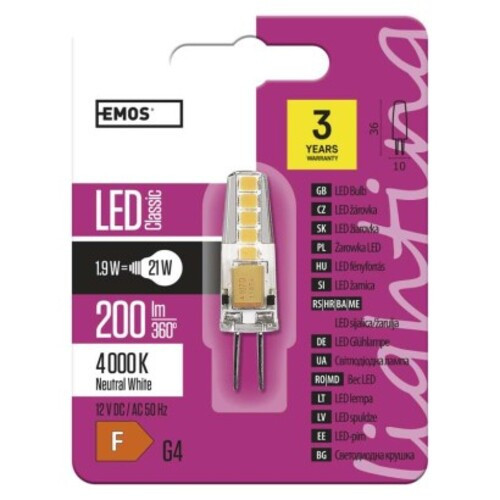 LED izzó Classic JC, G4, 1,9 W (21 W), 200 lm, természetes fehér, 4000K, 12V, CRI>80, EMOS, ZQ8621