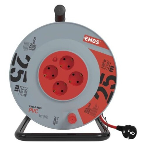 Kábeldob 25 m, 4 aljzat, fekete, PVC, 230 V, 2,5 mm2, 230V, IP20, EMOS, P09225M