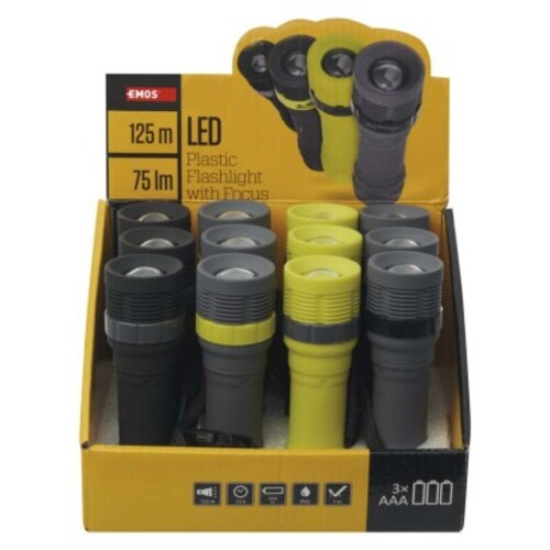 EMOS LED zseblámpa 3W 75lm 3xAAA fókuszálható 12db, display box, sárga – szürke gyűrű; szürke – sárga gyűrű; fekete – szürke gyűrű; szürke – fekete gyűrű, IP43, P4703