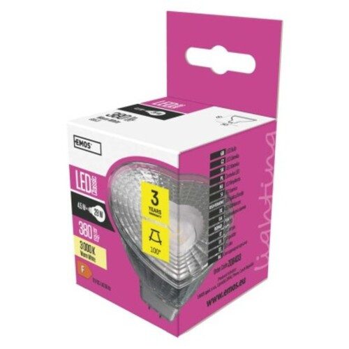 LED izzó Classic MR16, GU5,3, 4,5 W (28 W), 380 lm, meleg fehér, 3000K, 12V, CRI>80, EMOS, ZQ8433