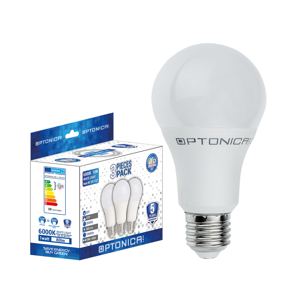 LED műanyag izzó, 3 darabos csomag, E27, a60, 5 év garancia, 15W, 2700K, meleg fehér, 1320 lm, Optonica, 1735