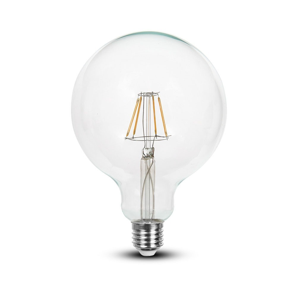 LED izzó átlátszó filament gömb alakú E27, 6w, 6400K, hideg fehér, 806lm, 300°, CRI>80, V-TAC, 7427