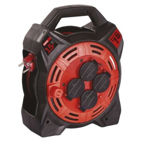 Kültéri kábeldob 15 m, 4 aljzat, gumi-neoprén, 230 V, 1,5 mm2 LED fényvisszaverővel, 230V, fekete, IP44, EMOS, P08215