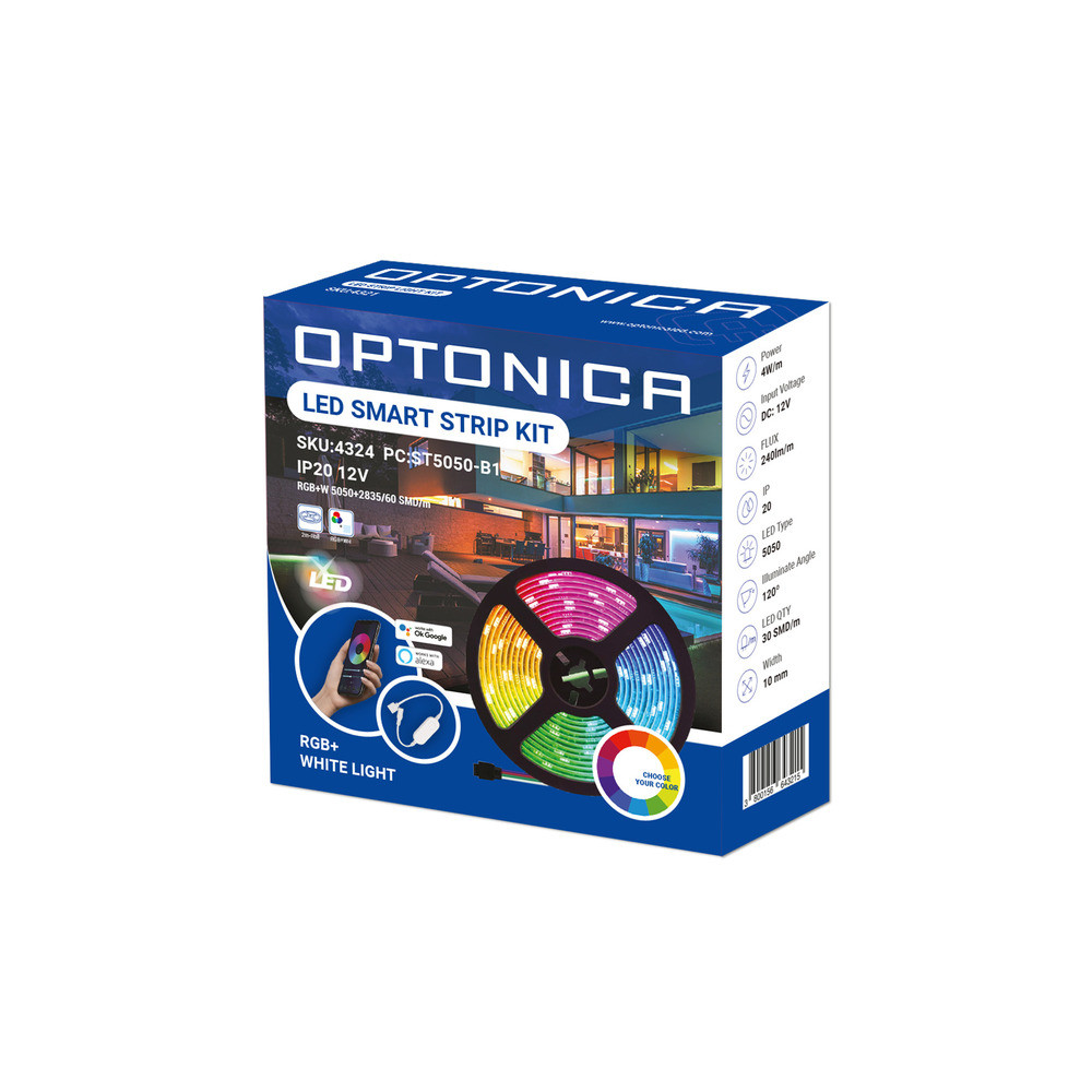 Okos LED szalag szett adapter + wifi vezérlő 60 LED alexa és google asszisztens, 4W, RGBW, dimmelhető, 240 lm, Optonica, 4324