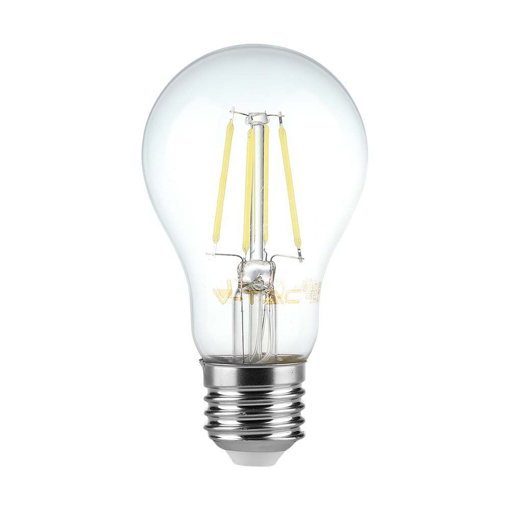 LED izzó átlátszó filament E27, 10w, 6500K, hideg fehér, 1055lm, 300°, CRI>80, V-TAC, 214412
