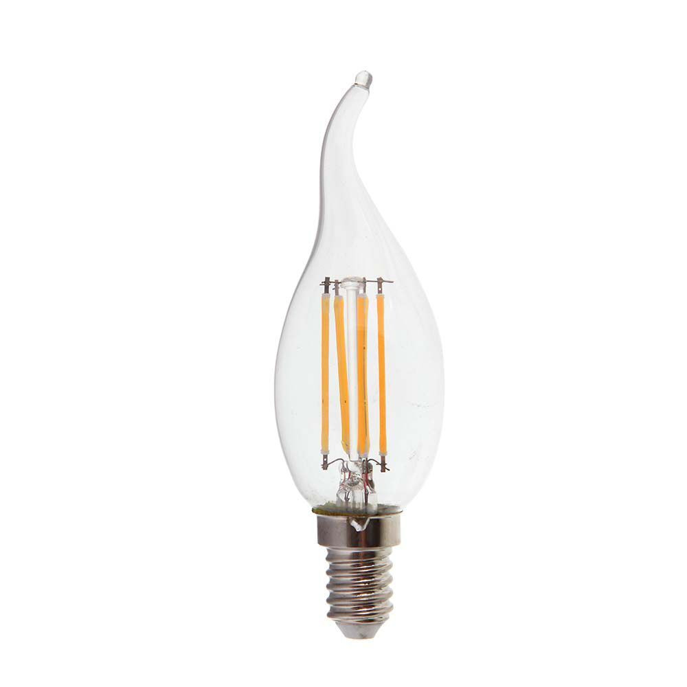 LED izzó átlátszó filament gyertya alakú E14, 4w, 4000K, természetes fehér, 400lm, 300°, CRI>80, V-TAC, 214429