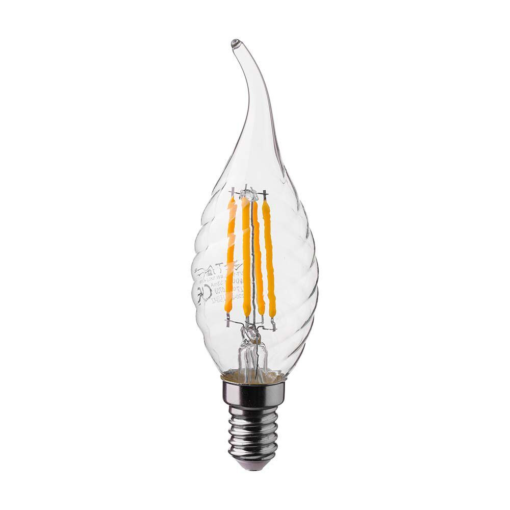 LED izzó átlátszó filament gyertya alakú E14, 4w, 4000K, természetes fehér, 400lm, 300°, CRI>80, V-TAC, 214431