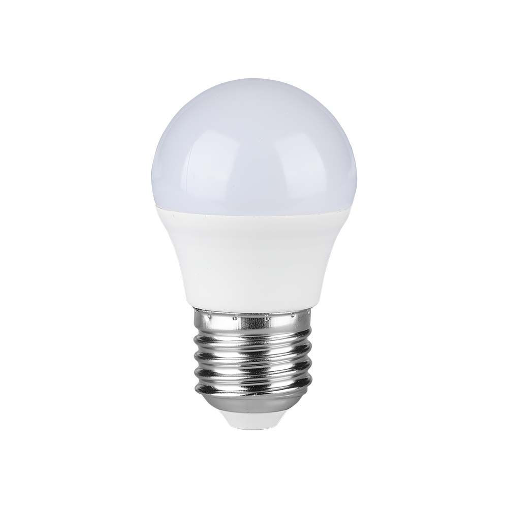 LED izzó gömb alakú E27, 4,5w, 4000K, természetes fehér, 470lm, 180°, fehér, CRI>80, V-TAC, 217408