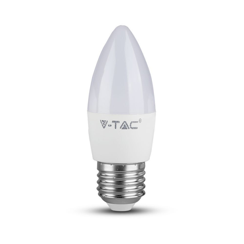 LED izzó gyertya alakú E27, 4,5w, 6500K, hideg fehér, 470lm, 180°, fehér, CRI>80, V-TAC, 2143441