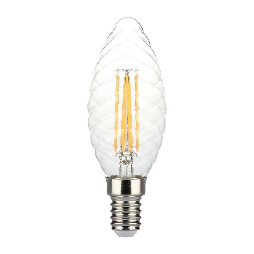 LED izzó átlátszó filament gyertya alakú E14, szabályozható, 4w, 3000K, meleg fehér, 400lm, 300°, CRI>80, dimmelhető, V-TAC, 214367
