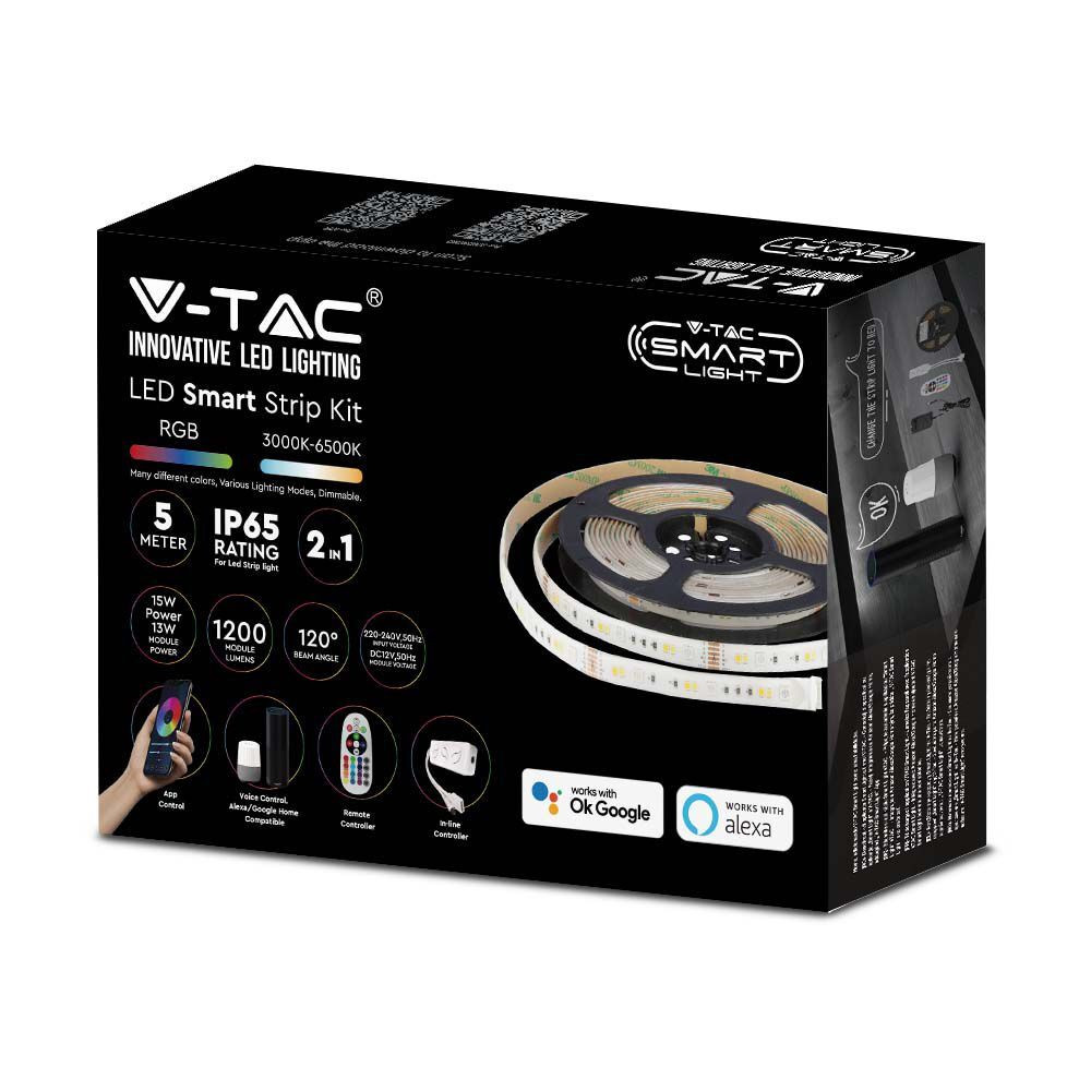 SMART LED szalag szett IP65, 15 w, RGB+CCT, 1200 lm/m, 220-240V, 120°, V-TAC, 2910