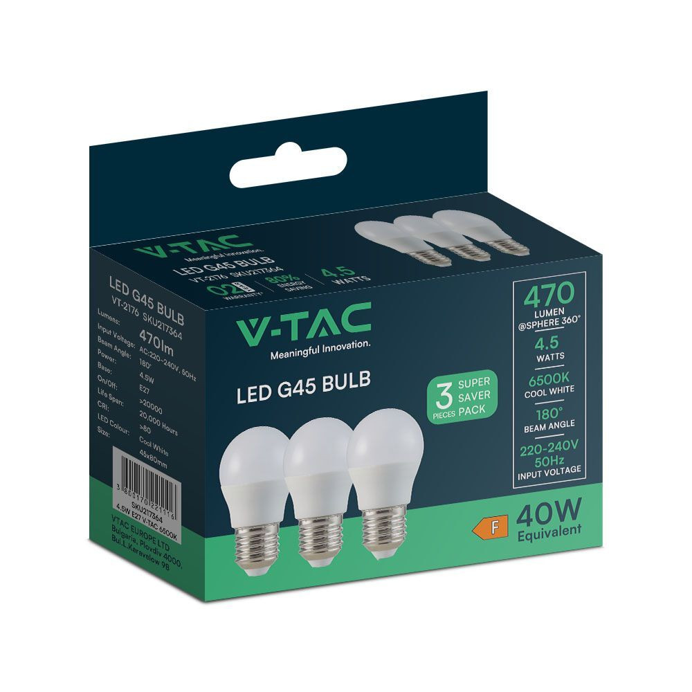LED izzó gömb alakú E27, 4,5w, 6500K, hideg fehér, 470lm, 180°, fehér, CRI>80, 3 db/csomag, V-TAC, 217364