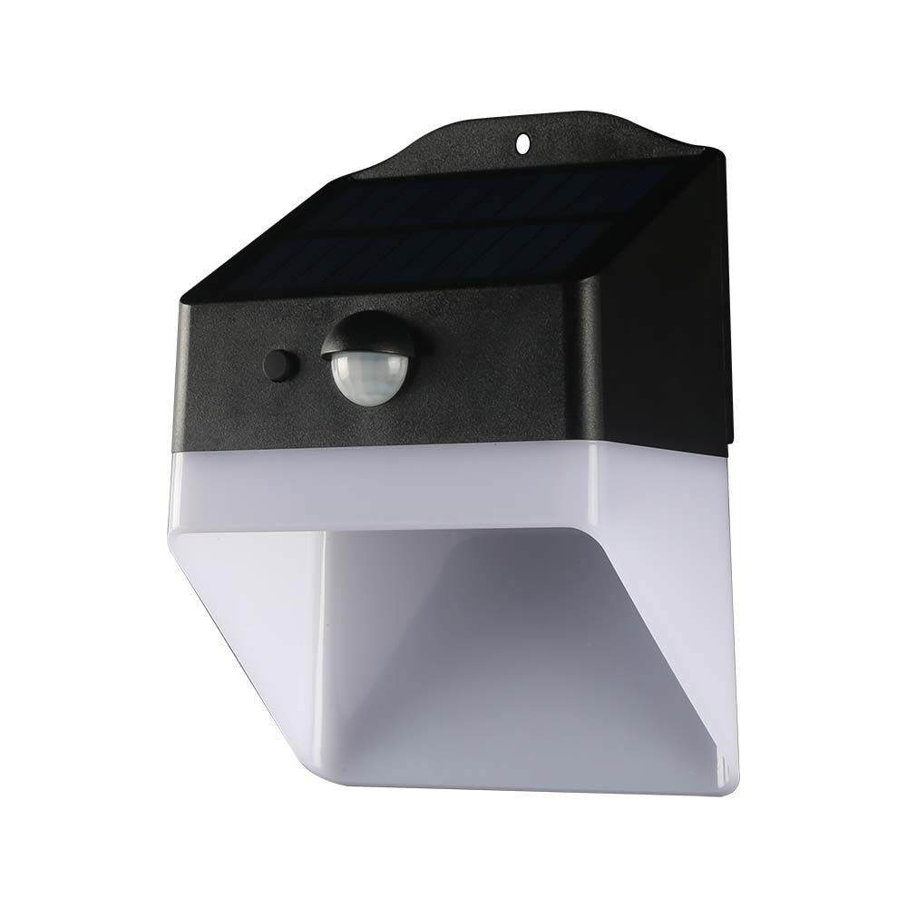 Szolár LED fali lámpa mozgásérzékelővel, 2w, 4000K, természetes fehér, 200lm, 120°x60°, fekete, fehér, IP65, V-TAC, 10309