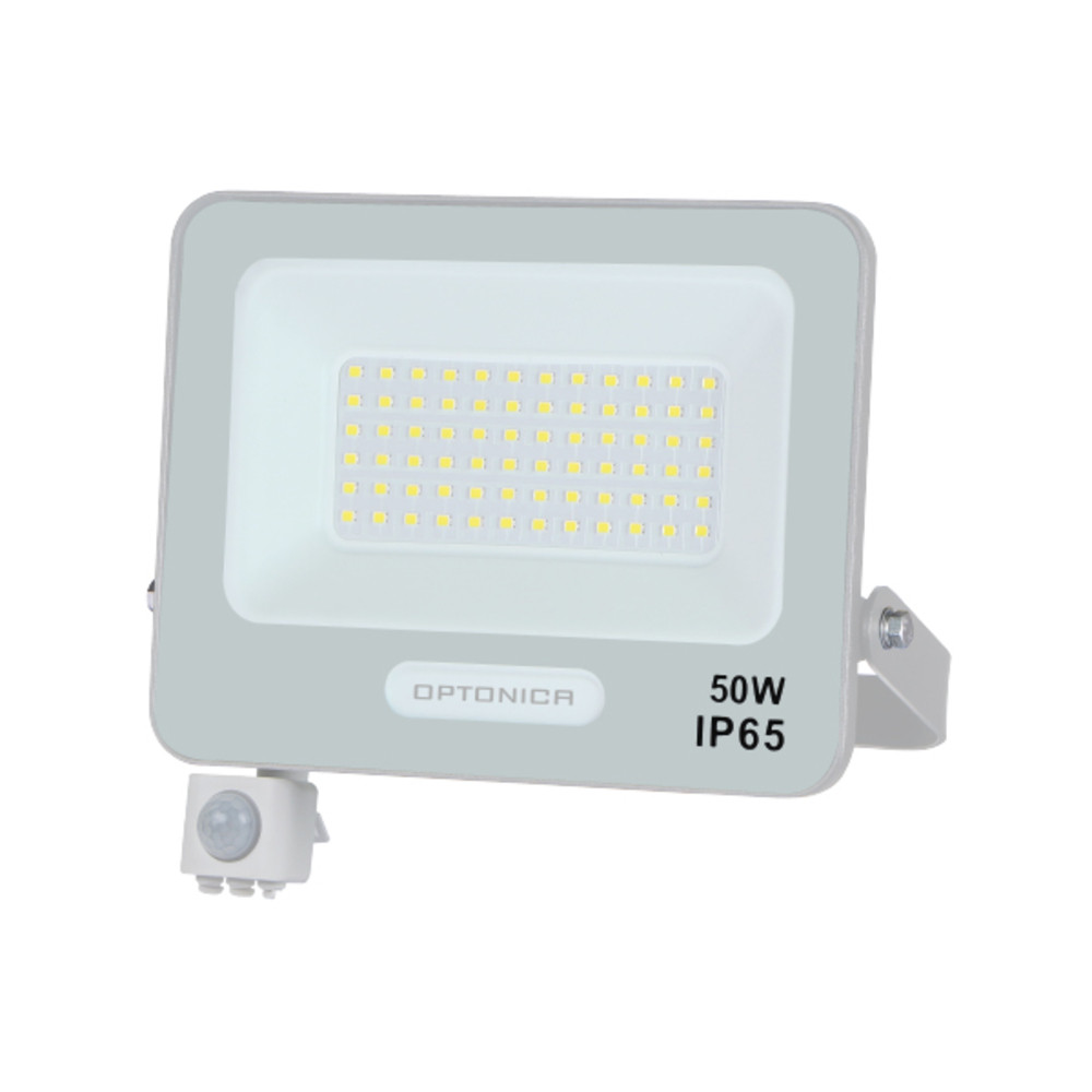 LED smd reflektor IP65 fehértel és érzékelővel, 50W, 6000K, hideg fehér, 4500 lm, Optonica, 15846