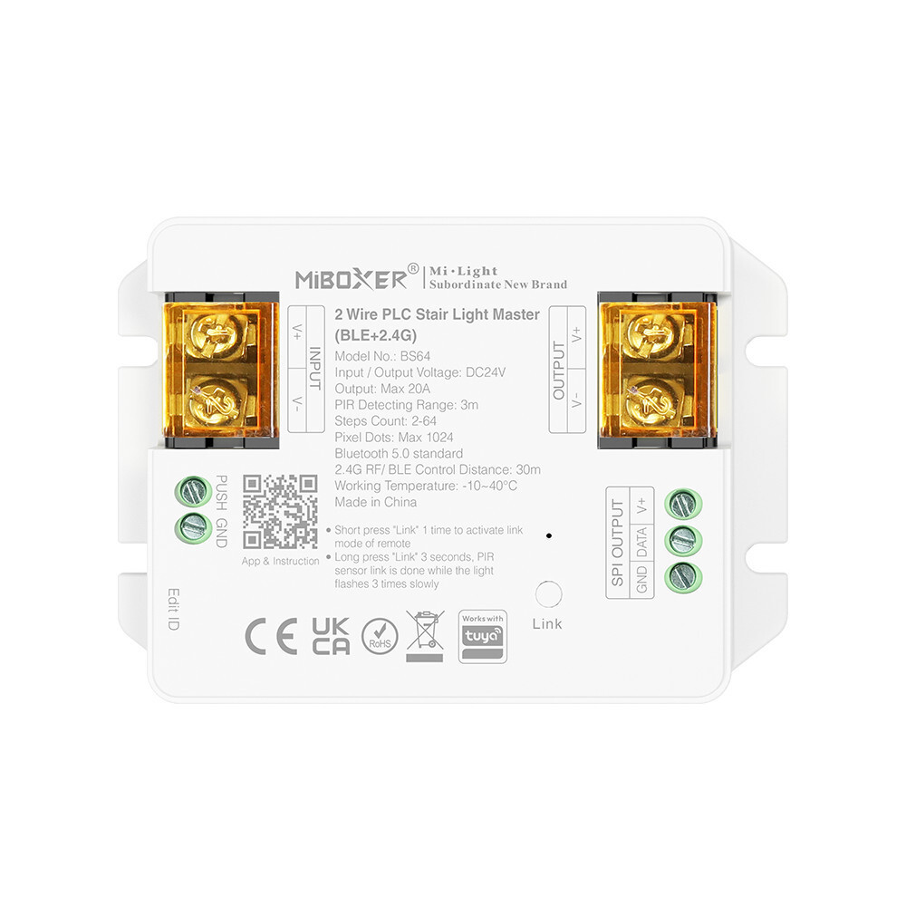 MiBoxer BS64 kétvezetékes PLC lépcsővilágítás vezérlő, Bluetooth + 2.4GHz RF, 24V, 480W, 64 lépcsőfok