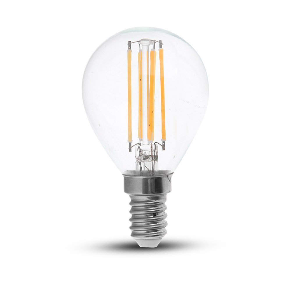LED izzó átlátszó filament Clear gömb alakú E14, 6w, 3000K, meleg fehér, 600lm, 300°, fehér, CRI>80, V-TAC, 212845