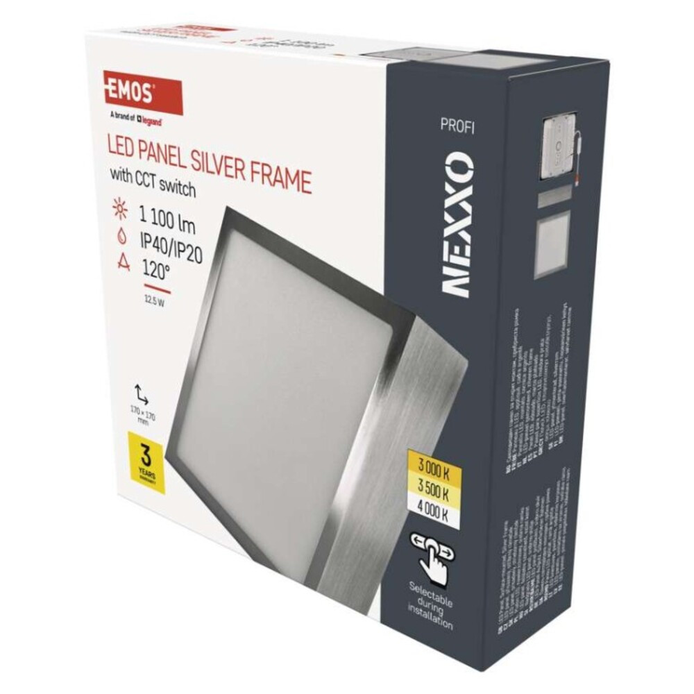 LED felületi lámpatest NEXXO, négyzet, ezüst, 12,5W, CCT, 1100, 220–240V, CRI> 80, IP40/IP20, EMOS, ZM6233