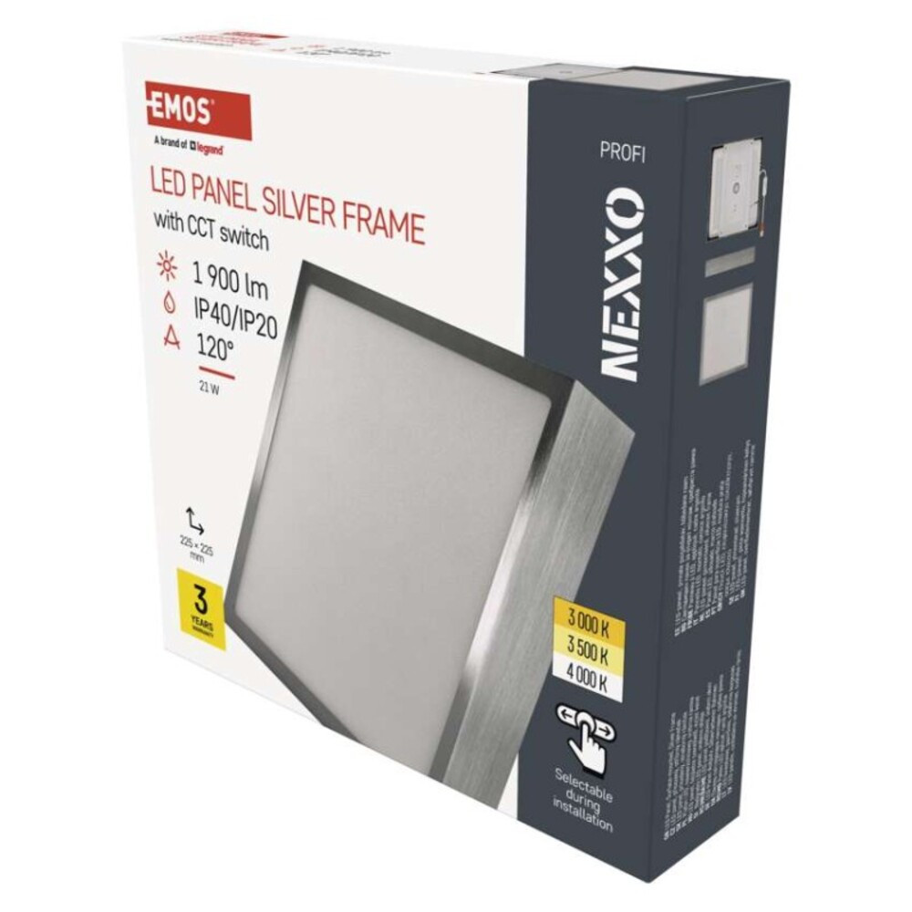 LED felületi lámpatest NEXXO, négyzet, ezüst, 21W, CCT, 1900, 220–240V, CRI> 80, IP40/IP20, EMOS, ZM6243