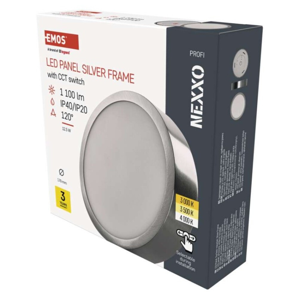 LED felületi lámpatest NEXXO, kerek, ezüst, 12,5W, CCT, 1100, 220–240V, CRI> 80, IP40/IP20, EMOS, ZM5233