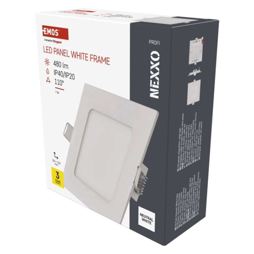 LED süllyesztett lámpatest NEXXO, négyzet, fehér, 7W, természetes fehér, 4000K, 480, 220–240V, CRI> 82, IP40/IP20, EMOS, ZD2125