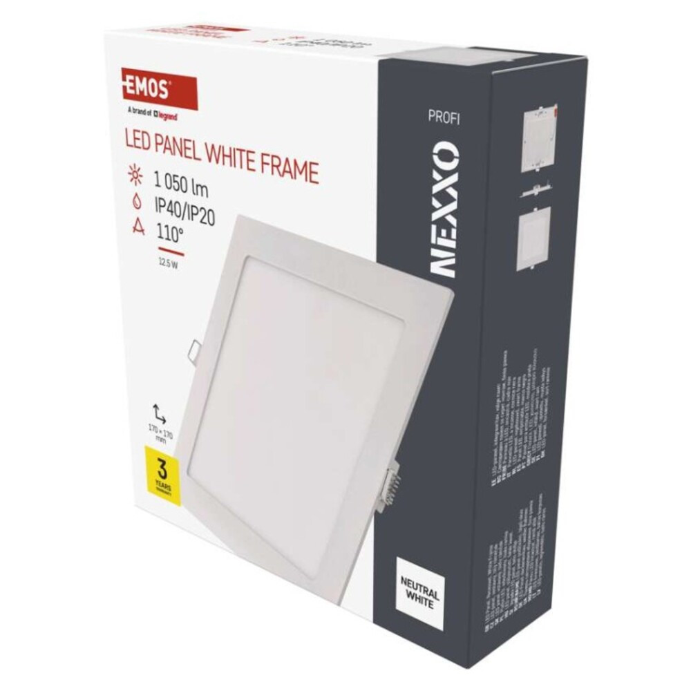 LED süllyesztett lámpatest NEXXO, négyzet, fehér, 12W, természetes fehér, 4000K, 1050, 220–240V, CRI> 82, IP40/IP20, EMOS, ZD2135