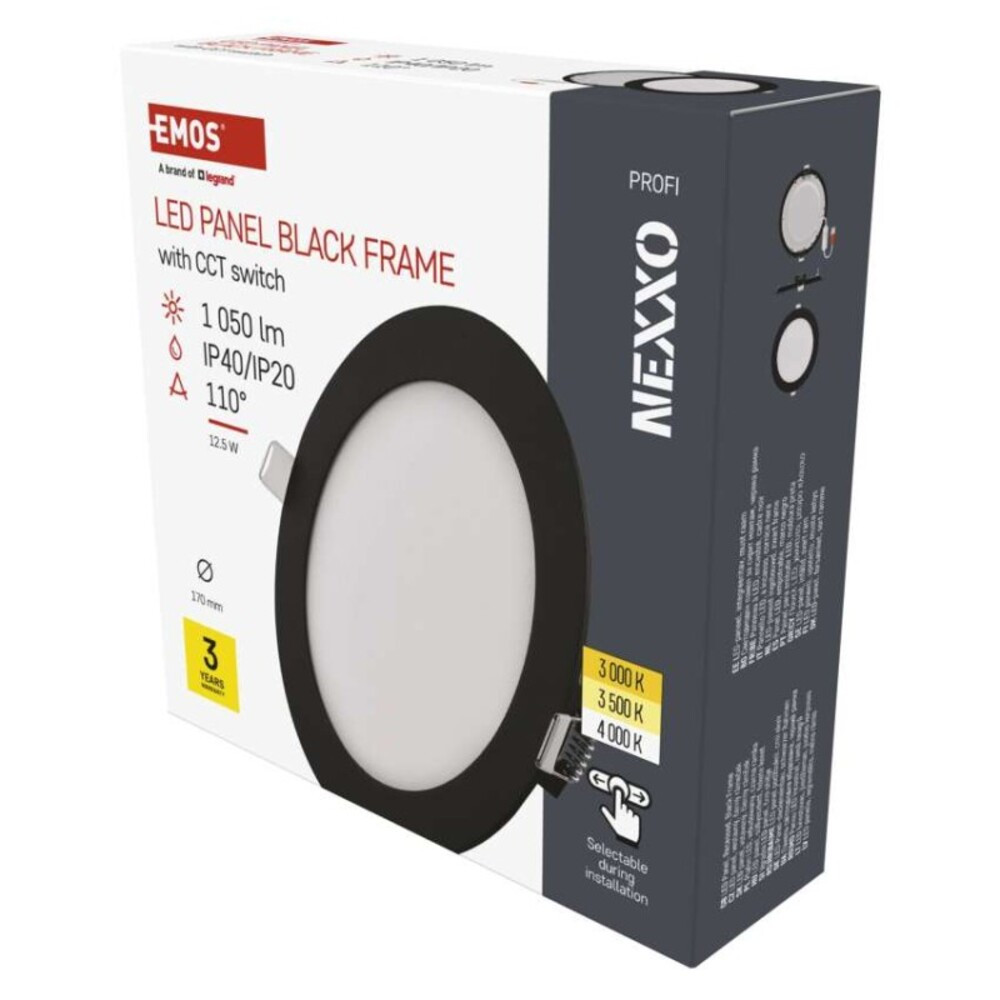 LED süllyesztett lámpatest NEXXO, kerek, fekete, 12W, CCT, 1050, 220–240V, CRI> 82, IP40/IP20, EMOS, ZD1333